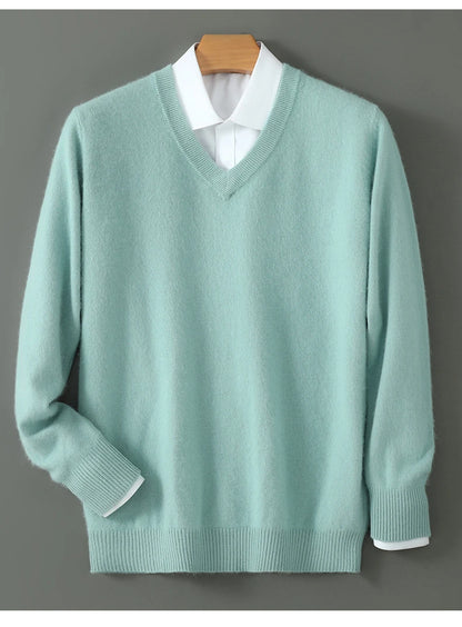 100% Pure Mink Cashmere Sweater Men's V-Neck Pullovers Knit Large Size Mink Sweater Winter New Long Sleeve High-End Jumpers Tops