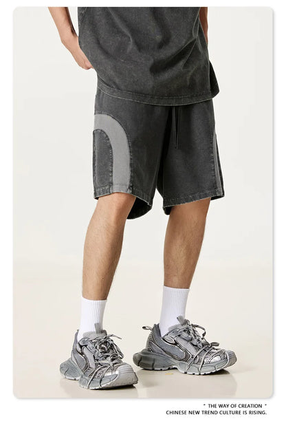 Customized LOGO men's summer European and American hip-hop style splicing contrasting shorts loose straight five-point pants