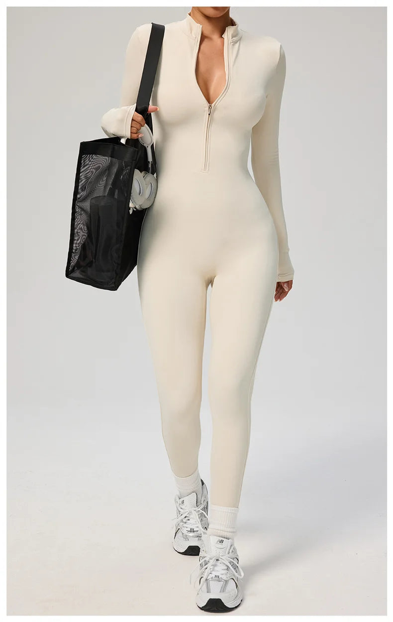 TRY TO BN Women's Jumpsuit Long Sleeve Zipper Shapewear Bodysuit Yoga Fitness One Piece Tights Gym Clothing Mono Deportivo Mujer