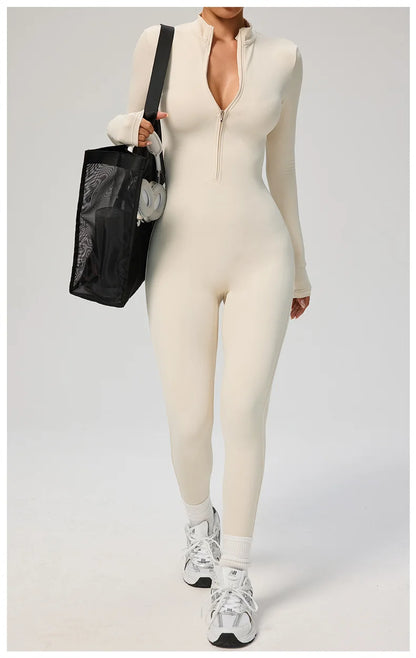 TRY TO BN Women's Jumpsuit Long Sleeve Zipper Shapewear Bodysuit Yoga Fitness One Piece Tights Gym Clothing Mono Deportivo Mujer