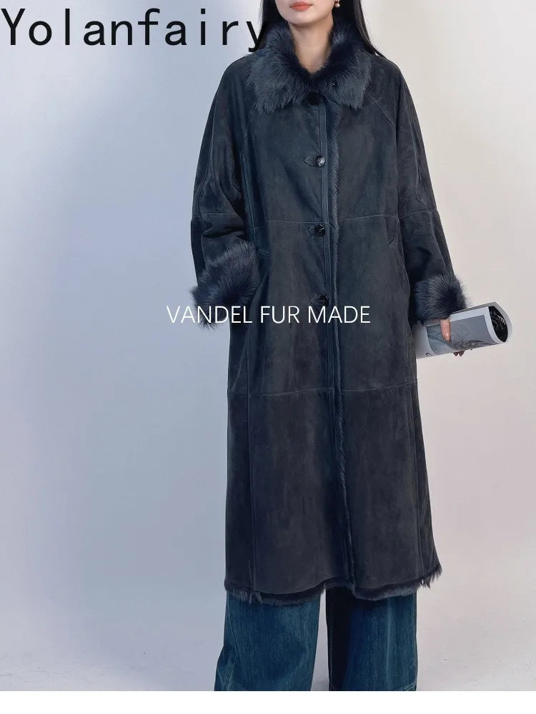 YOLANFAIRY Real Goatskin Leather Fur Coats for Women Winter High-end Natural Fur Coat Lazy Style Long Leather Jacket Luxury Wear