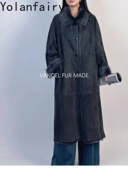 YOLANFAIRY Real Goatskin Leather Fur Coats for Women Winter High-end Natural Fur Coat Lazy Style Long Leather Jacket Luxury Wear