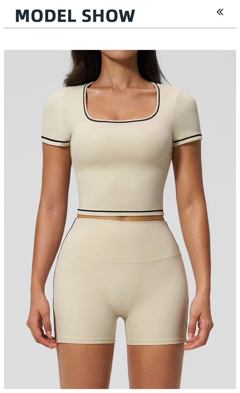 TRY TO BN 2 Pieces Women's Tracksuit Yoga Short Sleeves Top Sets High Waist Shorts Contrasting Color Running Fitness Gym Clothes
