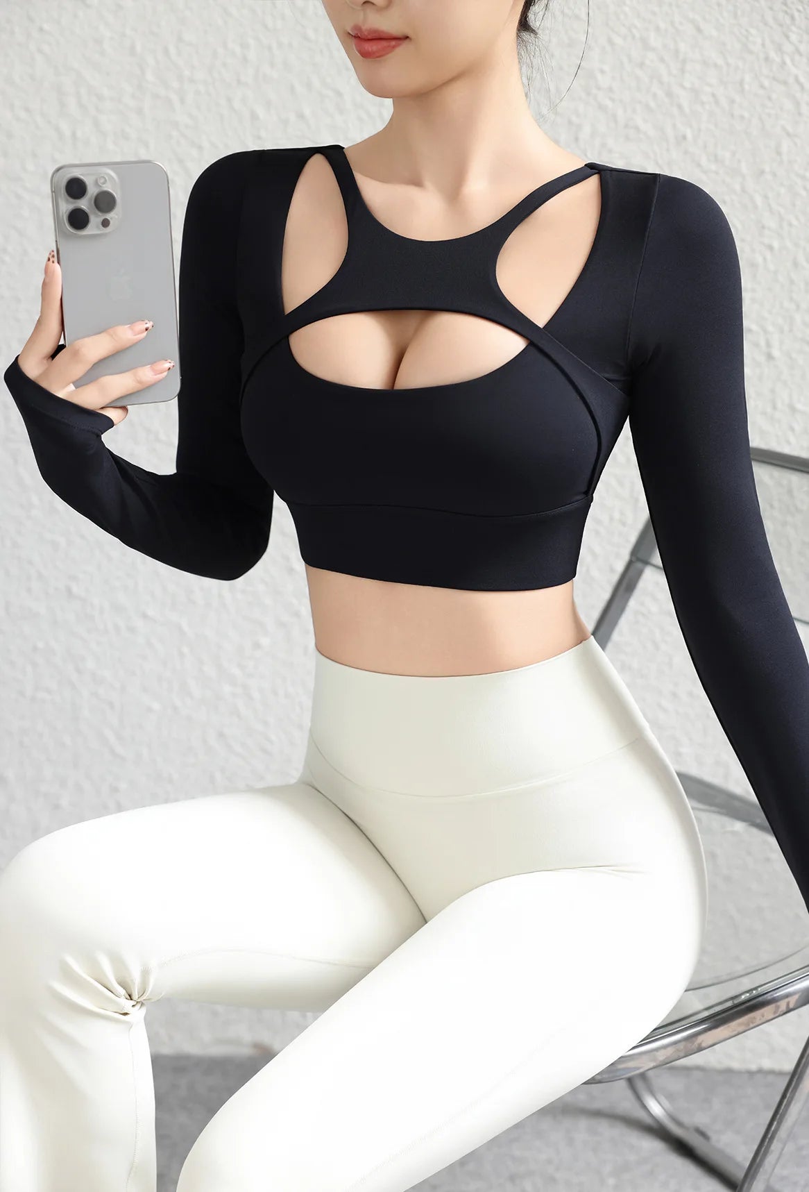 SOISOU Hollow Back Slim Fit Yoga Crop Top Women's Pilates Pullover Shockproof Sports Long Sleeve High Elastic Fitness T Shirt