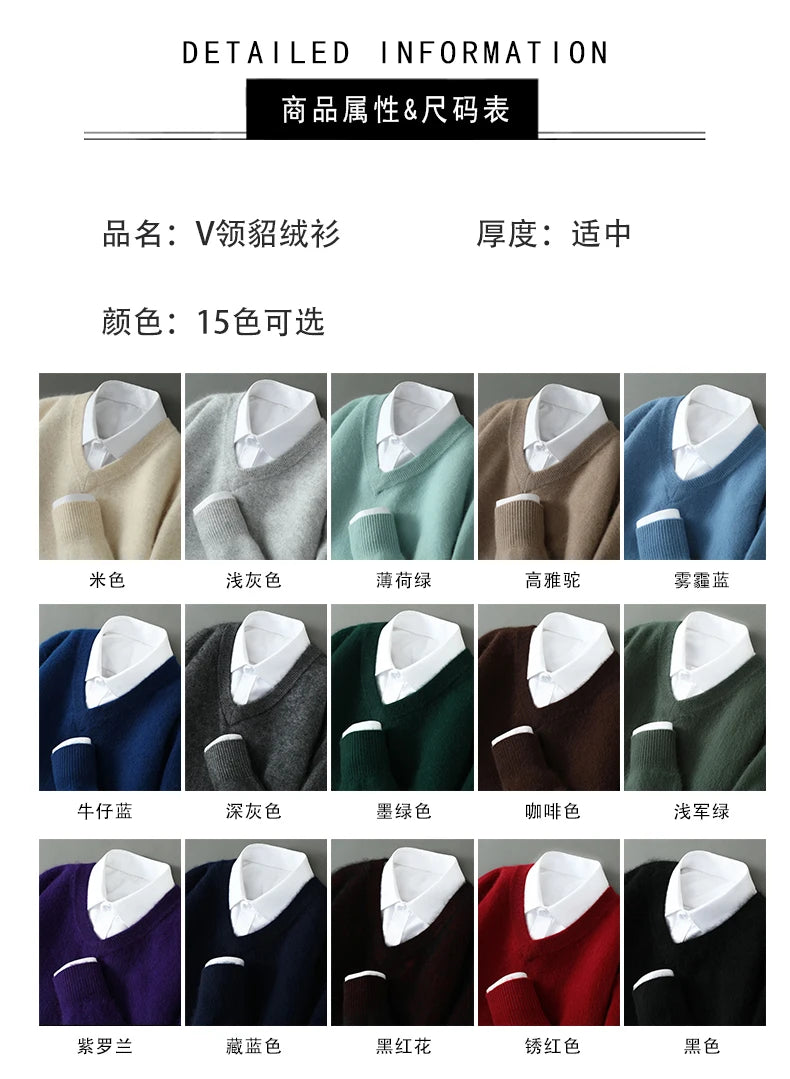 100% Pure Mink Cashmere Sweater Men's V-Neck Pullovers Knit Large Size Mink Sweater Winter New Long Sleeve High-End Jumpers Tops