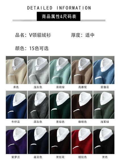 100% Pure Mink Cashmere Sweater Men's V-Neck Pullovers Knit Large Size Mink Sweater Winter New Long Sleeve High-End Jumpers Tops