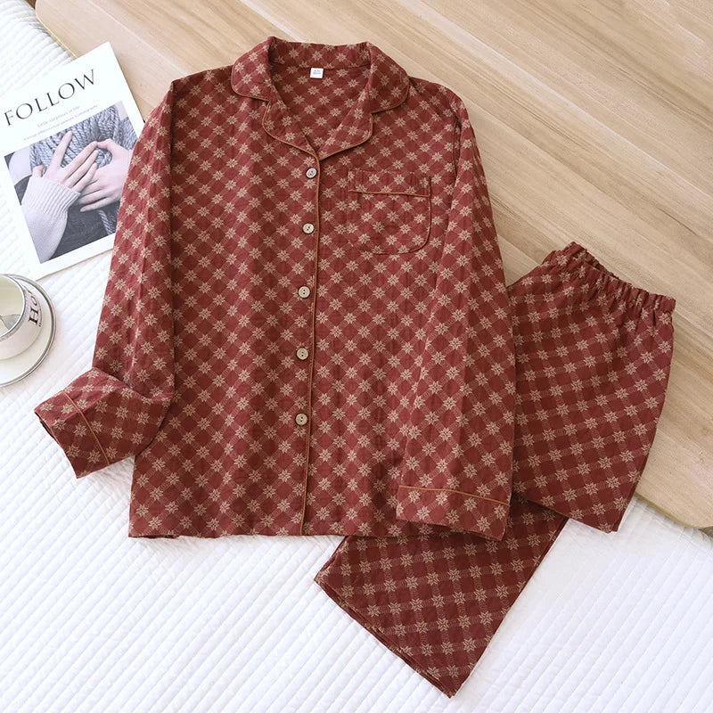 2026 new spring and summer women's pajamas suit long-sleeved trousers two-piece 100% cotton crepe flower leaves home clothes