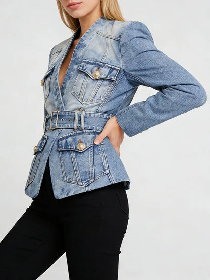 TWOTWINSTYLE Fashion Slimming Spliced Pockets Cowboy Jackets for Women V Neck Long Sleeve Tunic Patchwork Belt Jacket Female New