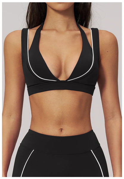 Color Contrast Deep-V Sports Bra Women's Gym Fitness Yoga Top Backless Breathable Sports Underwear Female Push Up Workout Top