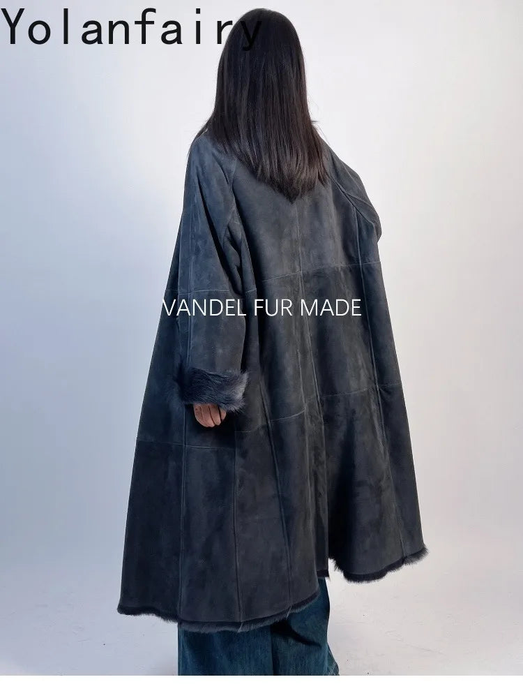 YOLANFAIRY Real Goatskin Leather Fur Coats for Women Winter High-end Natural Fur Coat Lazy Style Long Leather Jacket Luxury Wear