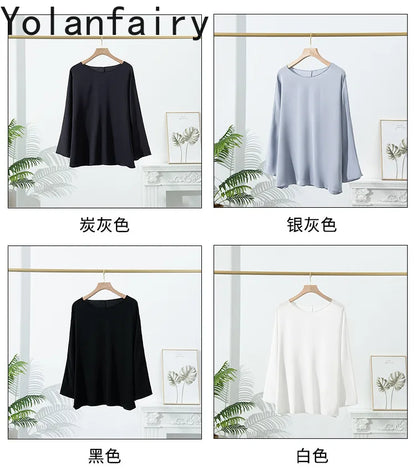YOLANFAIRY 23MM 93% Real Mulberry Silk T Shirts for Women Summer O-neck Blouse Woman Elegant Shirt Loose OL Tops and Blouses
