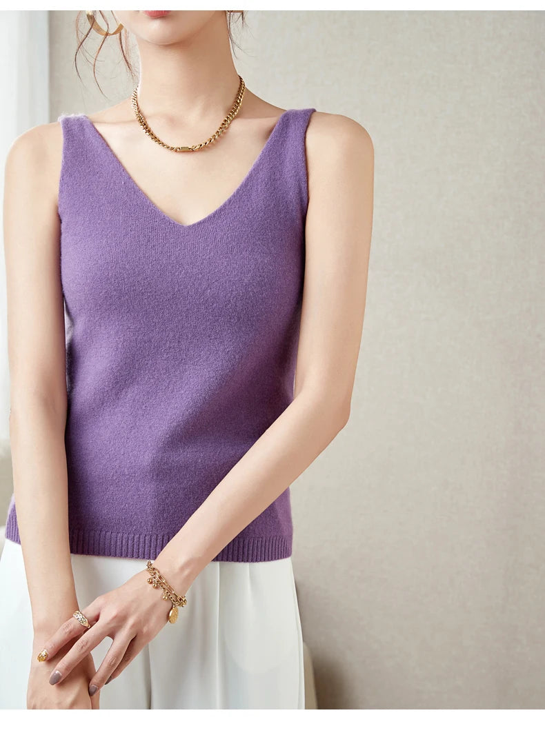 Women's Spring and Autumn 2026 New 100% Merino Wool V-Neck Pullover Knitted Suspender Casual Soft Inner Vest Women's Clothing