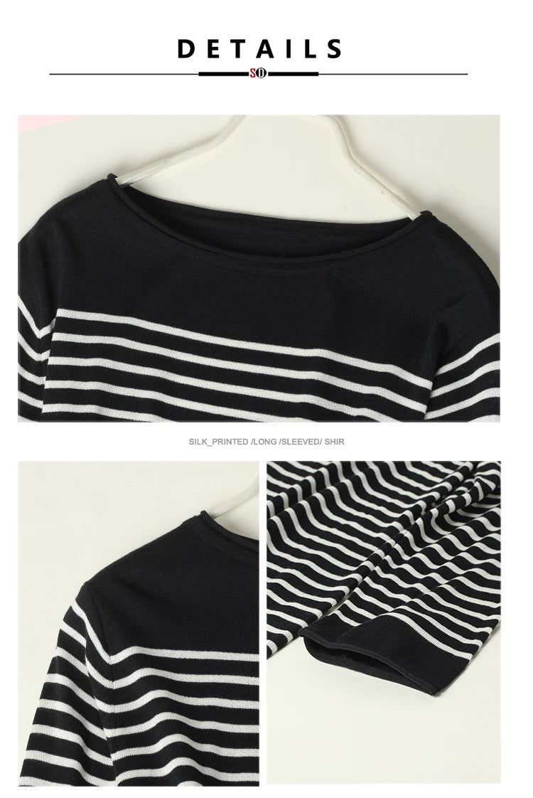 SuyaDream, Striped Pullovers for Woman, Round Neck, 45%Silk 55%Lyocell, 3/4 Sleeves, Chic Sweaters, 2025 Fall Winter Top, Black