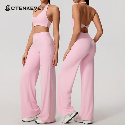 Summer 2Pcs Women's Quick-Dry Sports Set U-Neck Sports Bra Sleeveless Yoga Top Two-Piece Fitness Workout Set with Bell-Bottom