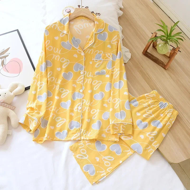 Spring and summer new 100% viscose pajamas two-piece long-sleeved trousers women's flowers comfortable plus size homewear suit