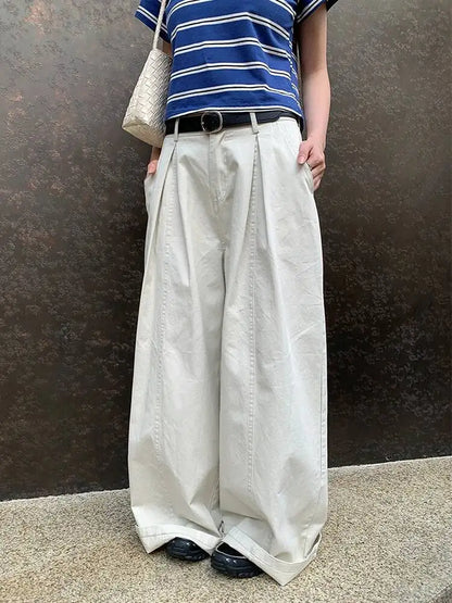 DEAT Fashion Pleated High Waisted Wide Leg Pants Women's Front Seam Straight Leg Beige Loose Trousers Summer New 7A4548