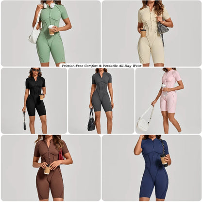 VITALINOVO Women Short Sleeve Workout Jumpsuit Backless Zip Up Romper Bottom Shorts Built-in Bra Bodysuit Bodycon Sexy One Piece