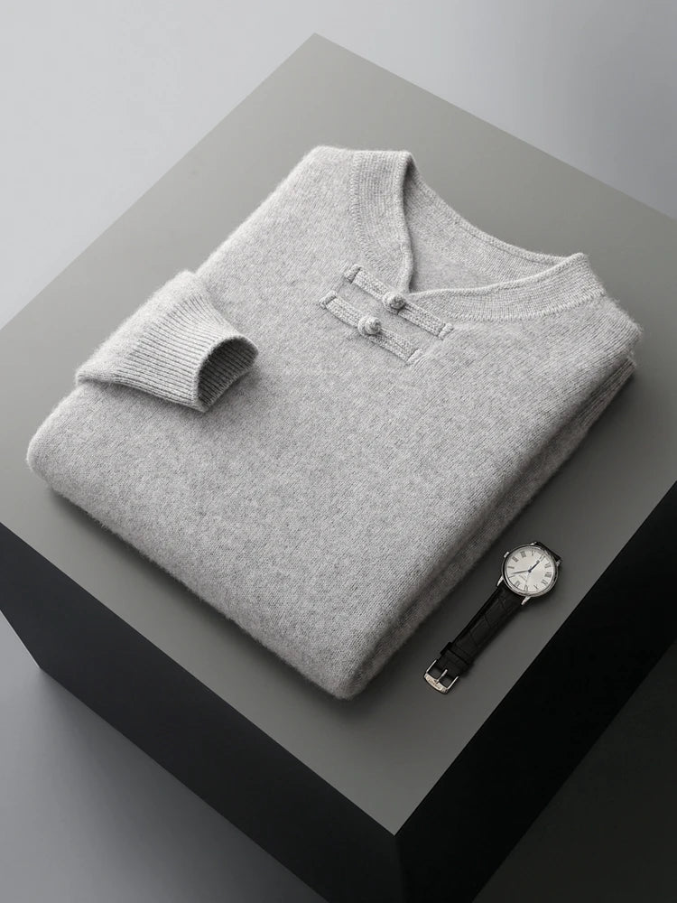 New Chinese Style Men's Pullover 100% Pure Wool Knit Sweater Autumn Winter Retro Stand Collar Long Sleeve Fashion Cashmere Tops