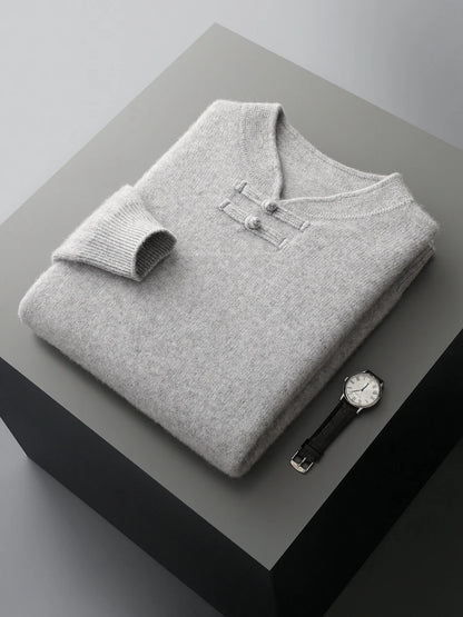 New Chinese Style Men's Pullover 100% Pure Wool Knit Sweater Autumn Winter Retro Stand Collar Long Sleeve Fashion Cashmere Tops