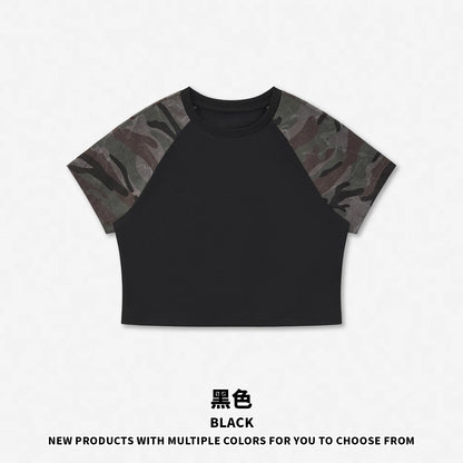 Custom LOGO Women's American Street Spice Girl Camouflage Ragged Short Sleeve T-Shirt 210G Cotton Slim-fit Contrast Top