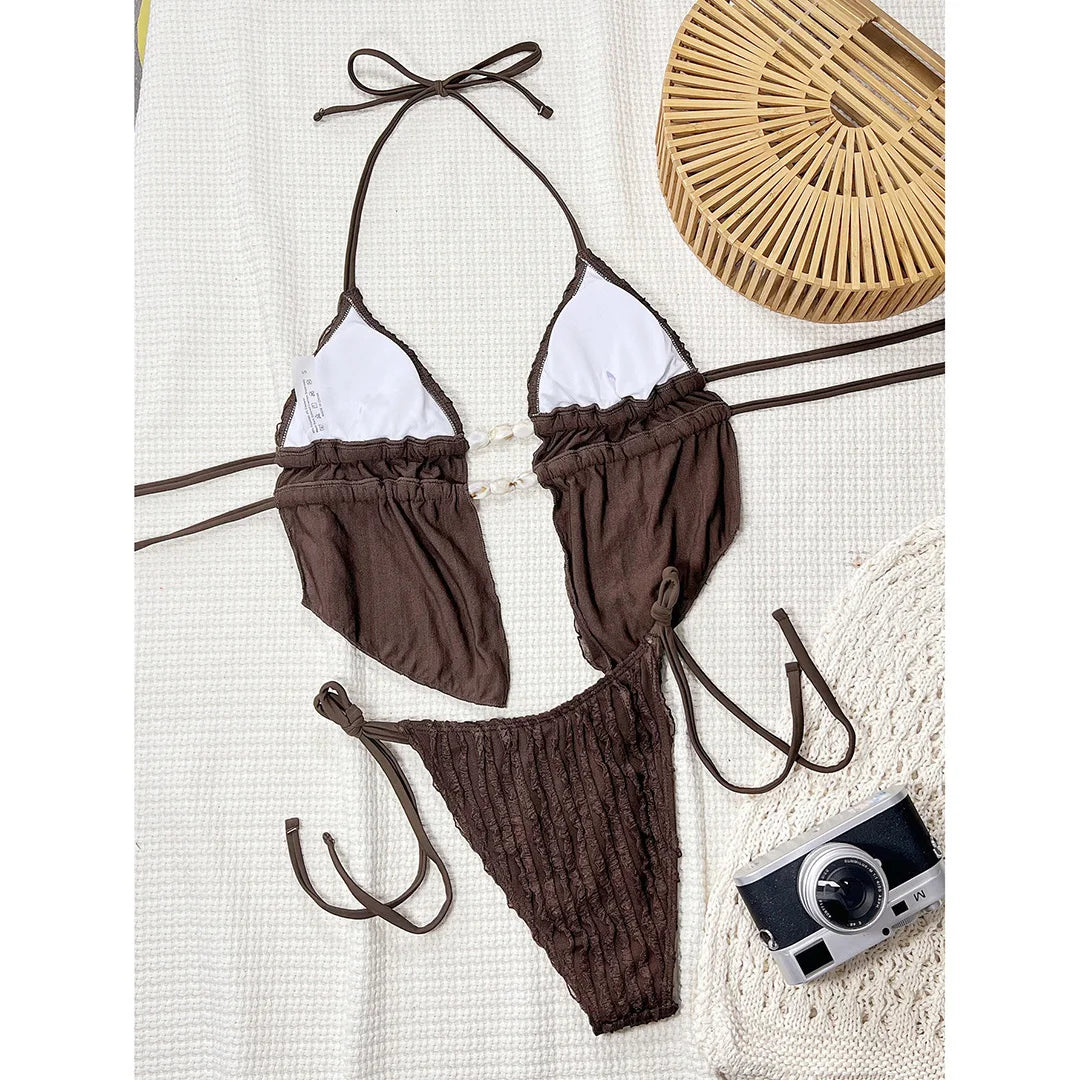 Wrinkled Tankini Halter Bikini Women Swimwear Female Swimsuit Two-pieces Bikini set High Cut Leg Bather Bathing Suit Swim V7154