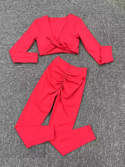 Yoga Set Women Clothes Workout Set 2 Pieces Sportswear Gym Clothing Fitness Long Sleeve Crop Top High Waist Leggings Sports Suit