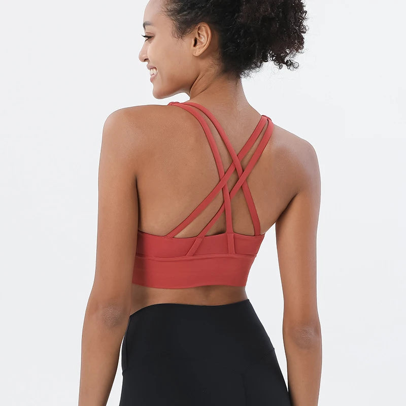 SOISOU Top Women Bra Cropped Bralette Gym Yoga Sports Bra Cross Sexy Back Female Bra Breathable Top Women's Underwear 25 Colors