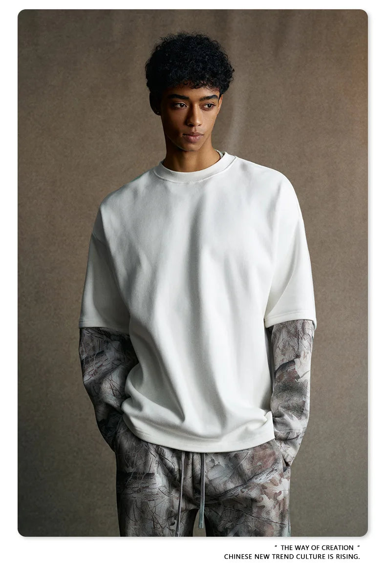 Custom LOGO Men's 2025 Autumn New 340G fleece-lined Fake Two-piece Camouflage Sweater T-Shirt Casual Pants Set