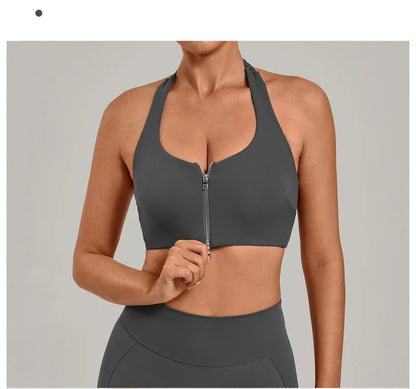 TRY TO BN Yoga Sports Bra Women's Zipper Halter Neck Naked Feeling Backless Underwear Fitness Tops Workout Running Gym Clothing