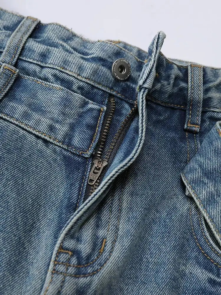 DEAT Fashion Cross Buckle Waist Baggy Jeans Women's High Waist Loose Fit Vintage Blue Denim Pants Sumemr New