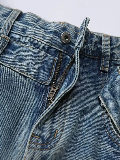 DEAT Fashion Cross Buckle Waist Baggy Jeans Women's High Waist Loose Fit Vintage Blue Denim Pants Sumemr New