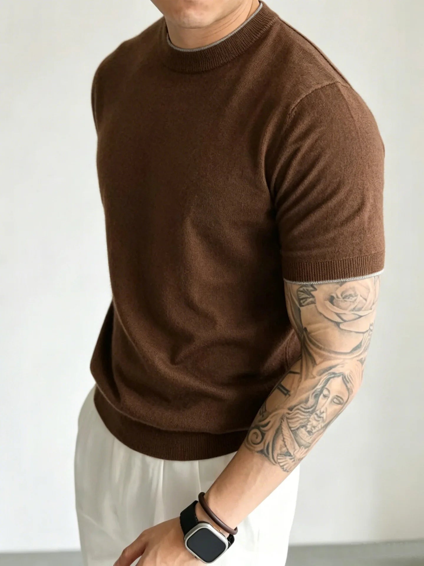 Light Luxury Cashmere Blend Anti Pilling Knitted Short Sleeved Round Neck T-shirt for Men, Retro Casual Business Summer Shirt