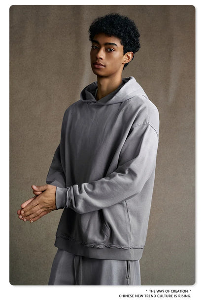 Custom LOGO men's 2025 autumn 370G heavy 100% cotton gradual change hole hooded sweater straight trousers set