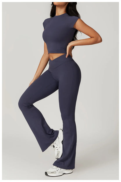 2 Pieces Yoga Set Gym Clothes Sportswear Yoga Suits For Women Fitness Short Sleeve Crop Top Tracksuits Sports Bra Gym Leggings
