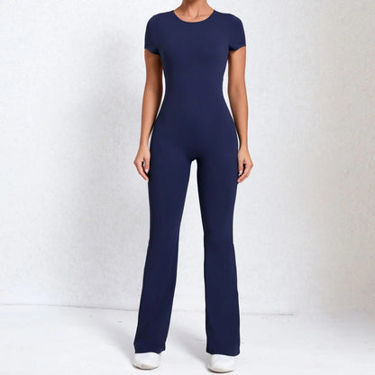 Women's Tracksuit Yoga Set Backless Jumpsuits Back V One Piece Fitness Rompers Short Sleeves Sportswear Gym Set Workout Clothes
