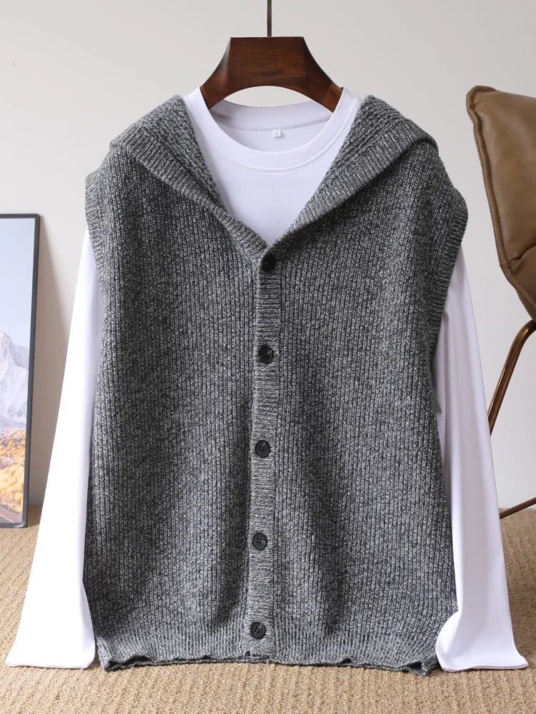 2025 Autumn/Winter Men's Vest 100% Merino Wool Knit Hooded Cardigan Casual Loose Sleeveless Solid Color Men's Cashmere Sweater