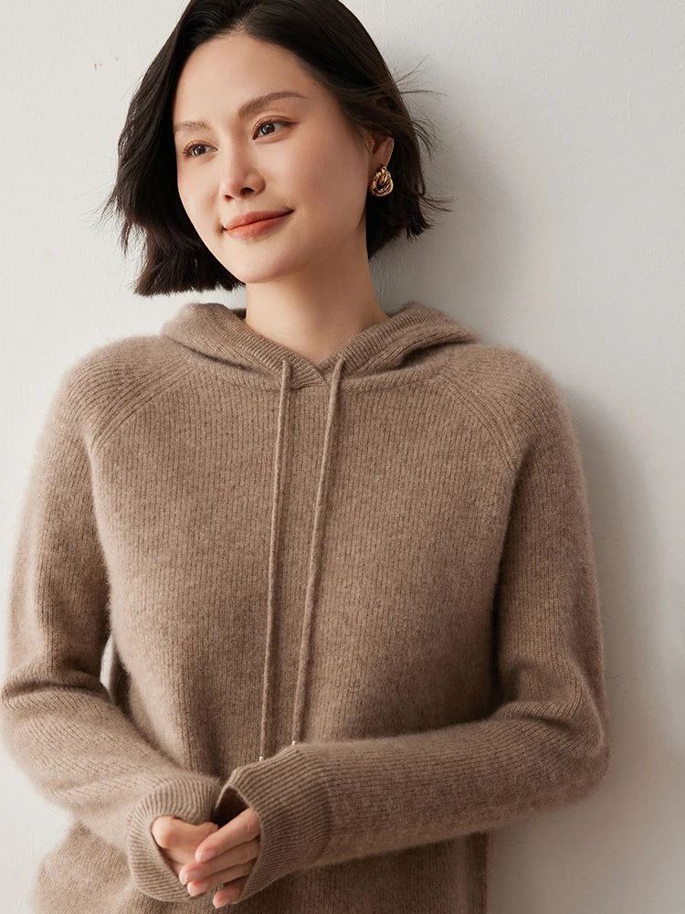 CHICUU Autumn Winter Women Hoodie Pullover Sweater 100% Cashmere Knitwear Soft Warm Casual Style Hooded Sweater Tops