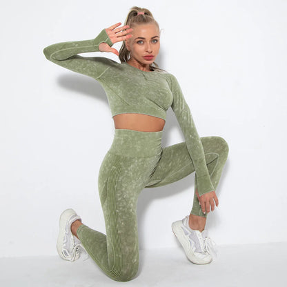Women Seamless Tracksuit Yoga Set 2PCS Workout Clothes Athletic Wear Gym Legging Fitness Bra Crop Top Long Sleeve Sports Suits