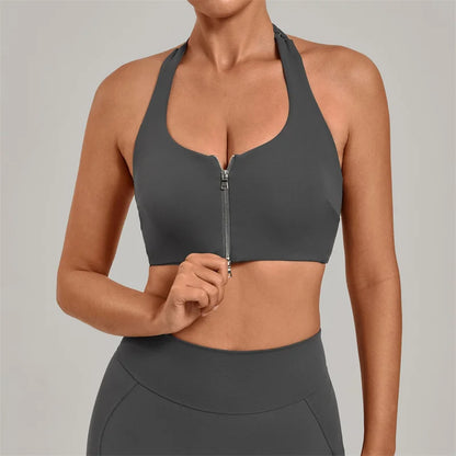 TRY TO BN Yoga Sports Bra Women's Zipper Halter Neck Naked Feeling Backless Underwear Fitness Tops Workout Running Gym Clothing