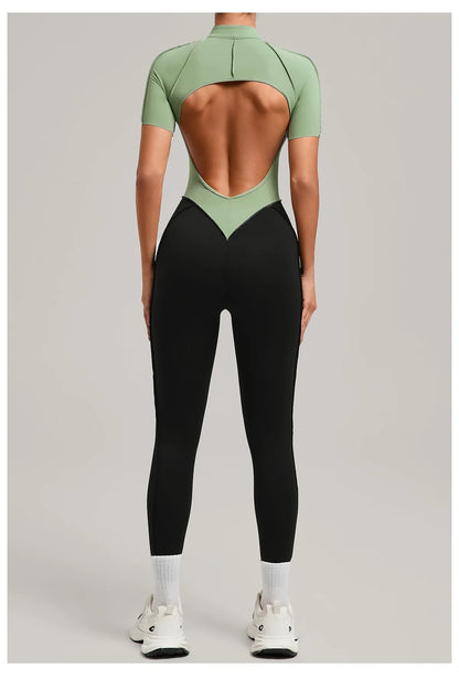 SOISOU Zipper Jumpsuit Women Nylon Clothing Sportswear Woman Gym Yoga Sport Sets Short Sleeve Workout Sets Women Tracksuit