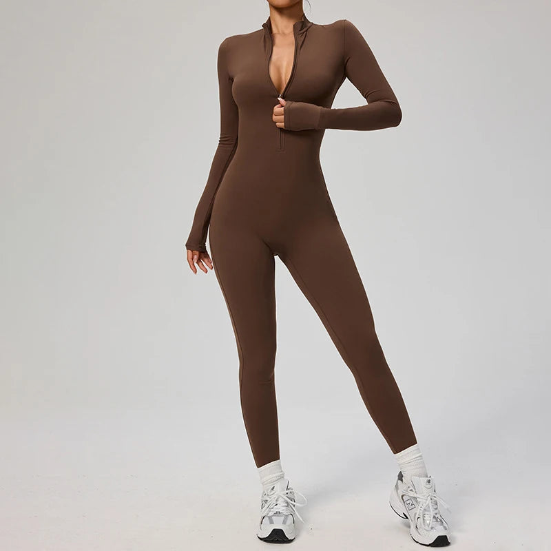 TRY TO BN Women's Jumpsuit Long Sleeve Zipper Shapewear Bodysuit Yoga Fitness One Piece Tights Gym Clothing Mono Deportivo Mujer