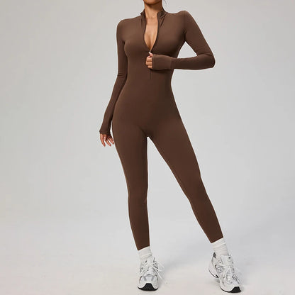 TRY TO BN Women's Jumpsuit Long Sleeve Zipper Shapewear Bodysuit Yoga Fitness One Piece Tights Gym Clothing Mono Deportivo Mujer