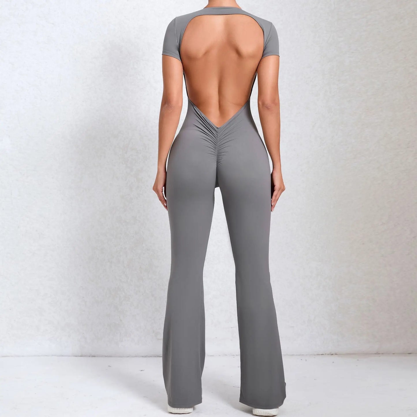 Women's Tracksuit Yoga Set Backless Jumpsuits Back V One Piece Fitness Rompers Short Sleeves Sportswear Gym Set Workout Clothes