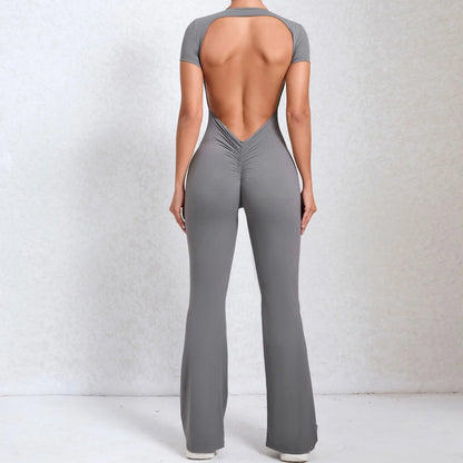 Women's Tracksuit Yoga Set Backless Jumpsuits Back V One Piece Fitness Rompers Short Sleeves Sportswear Gym Set Workout Clothes