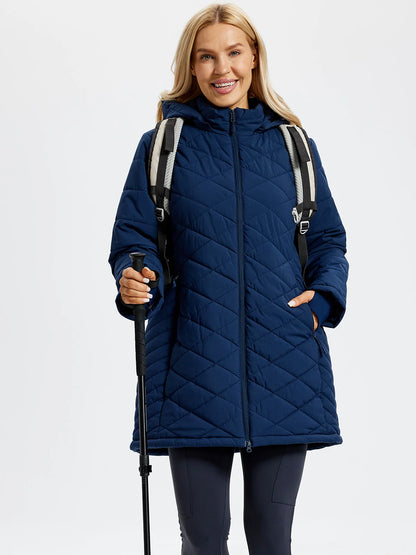 TACVASEN Womens Long Quilted Puffer Hood Jackets Winter Lightweight Warm Insulated Coat Windproof Waterproof Parkas with Pockets