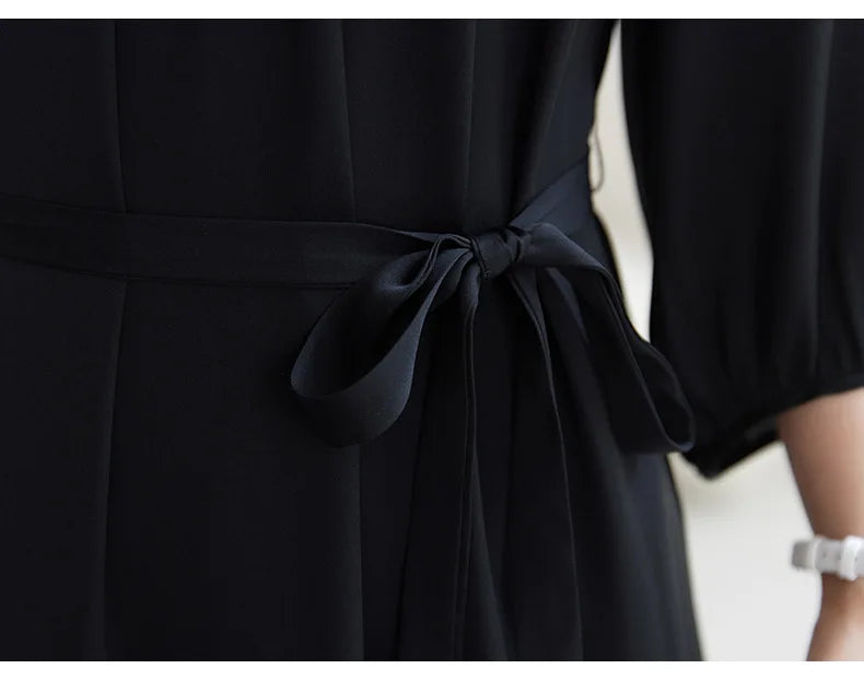 SuyaDream, Women Elegant Dresses, Real Silk, O Neck, 3/4 Sleeved, Black Mid Dress, 2026 Spring Summer Cloth