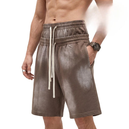 Custom LOGO men's 320G heavy 100% washed and old double waist high waist medium pants loose casual sports five-point shorts