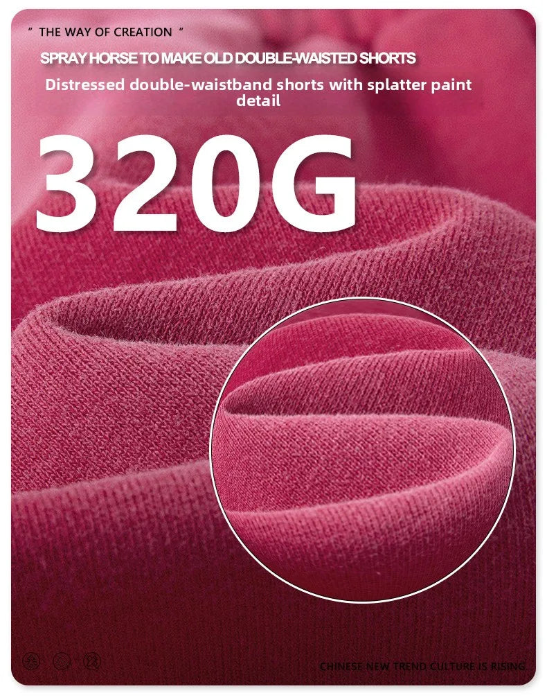 Custom LOGO men's 320G heavy 100% washed and old double waist high waist medium pants loose casual sports five-point shorts