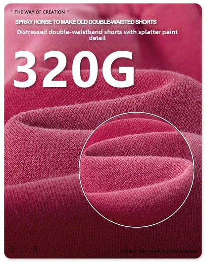 Custom LOGO men's 320G heavy 100% washed and old double waist high waist medium pants loose casual sports five-point shorts
