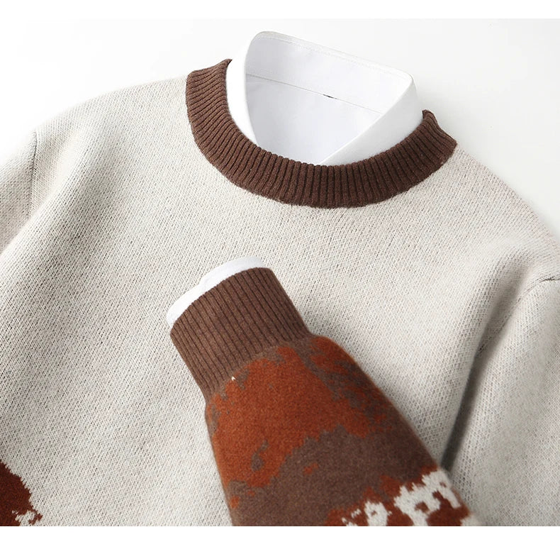 Autumn/Winter New 100% Merino Wool Knit Sweater Men's O-Neck Color Block Cashmere Pullover Business Casual Thick Long-Sleeved